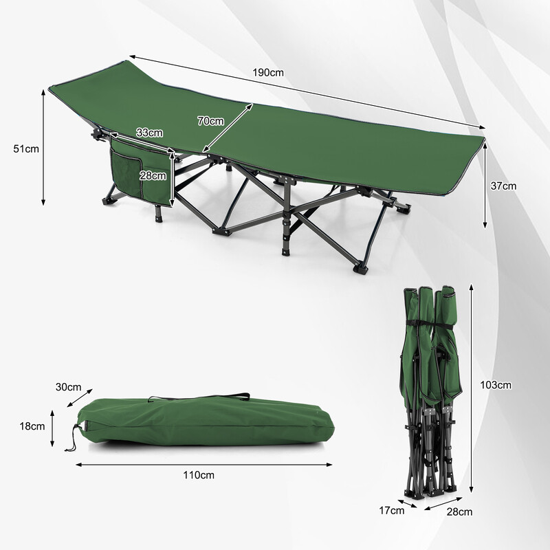 Strapazierfähig grön campingsäng med huvudstöd och bärväska för utomhusaktiviteter
