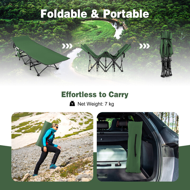 Strapazierfähig grön campingsäng med huvudstöd och bärväska för utomhusaktiviteter