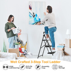 Hopfällbar stege med 3 steg och halkfritt handtag, svart, 64 x 39 x 90 cm