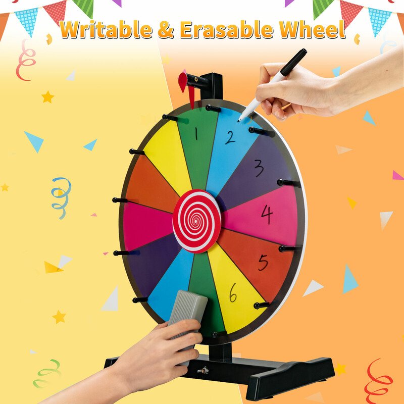 Stort färgglatt lyckohjul med 12 sektioner för priser och spel, inklusive whiteboardpenna