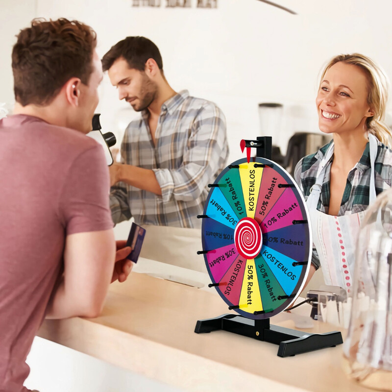 Stort färgglatt lyckohjul med 12 sektioner för priser och spel, inklusive whiteboardpenna