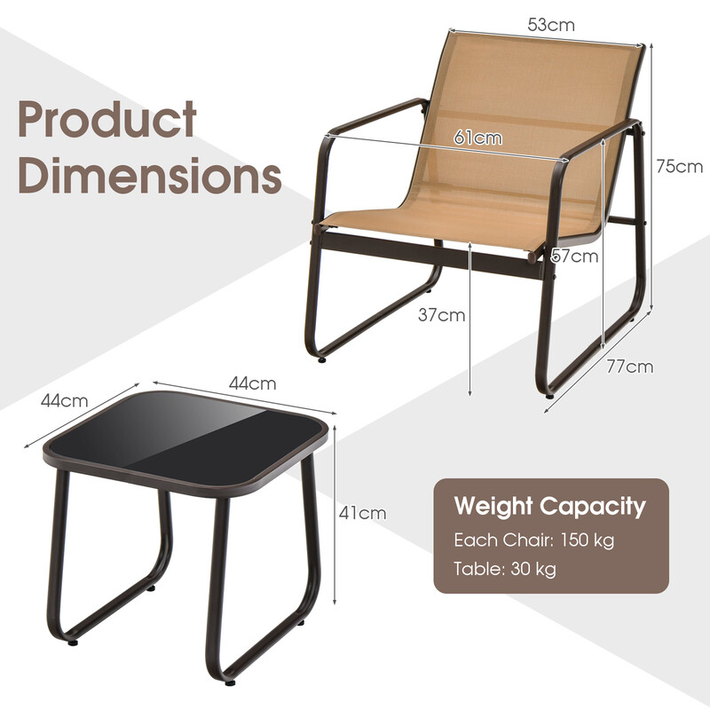 Tredelat samtalsset för uteplats med metallstolar och bord i brun färg