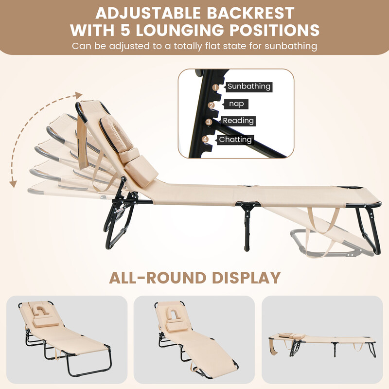 Hopfällbar solstol med ansiktshål och justerbart ryggstöd för optimal komfort utomhus