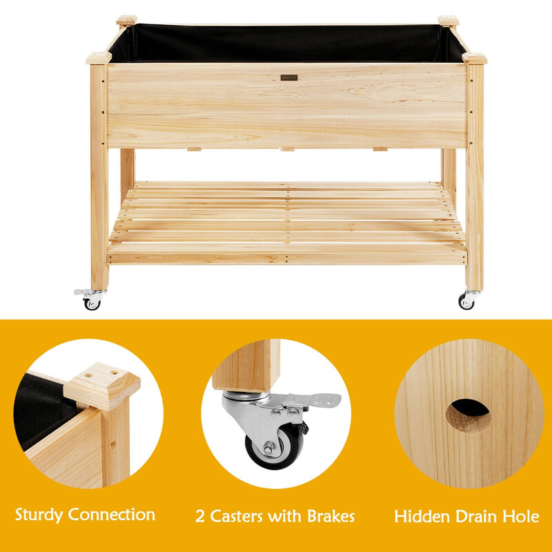 Upphöjd odlingsbänk i trä med hjul och dränering 120 x 59 x 84 cm natur