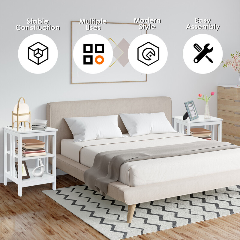 Trevånings nattduksbord och soffbord för sovrum och vardagsrum, vit, 40 x 40 x 61 cm