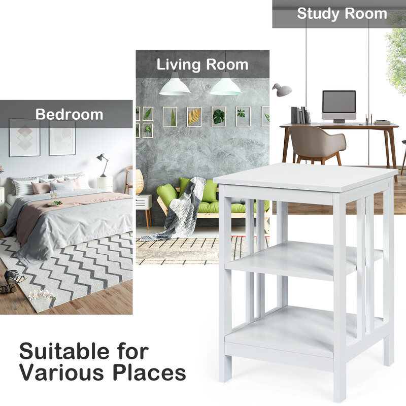 Trevånings nattduksbord och soffbord för sovrum och vardagsrum, vit, 40 x 40 x 61 cm