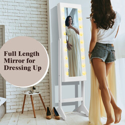 Smyckeskåp med LED-belysning och spegel, justerbara ben, vit MDF-konstruktion