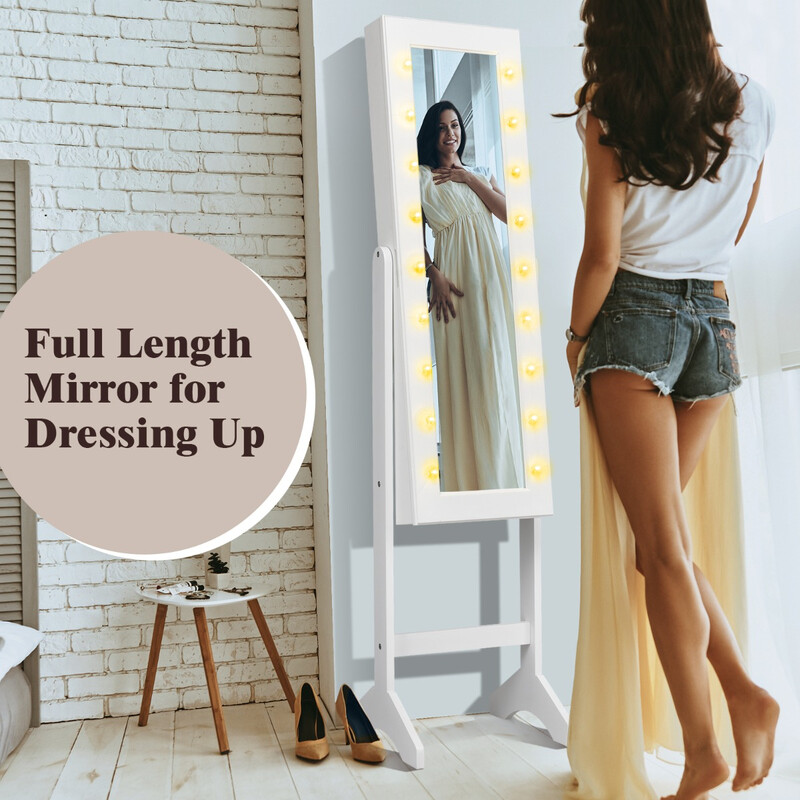 Smyckeskåp med LED-belysning och spegel, justerbara ben, vit MDF-konstruktion