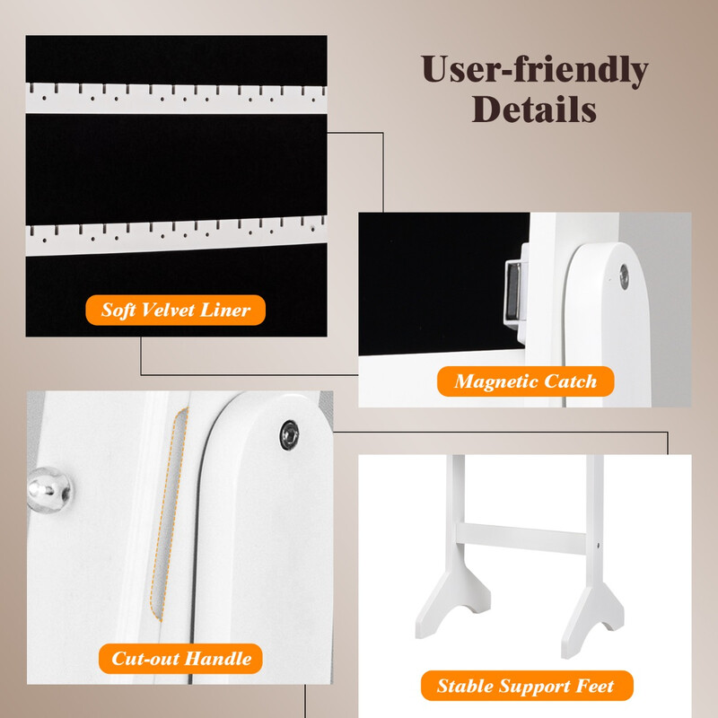 Smyckeskåp med LED-belysning och spegel, justerbara ben, vit MDF-konstruktion