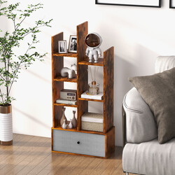 Öppen bokhylla med 7 hyllplan och låda i brun trädesign 53 x 24 x 118 cm