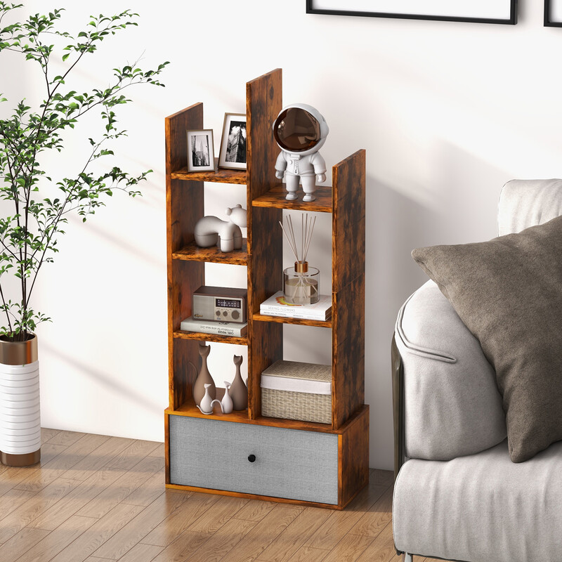 Öppen bokhylla med 7 hyllplan och låda i brun trädesign 53 x 24 x 118 cm