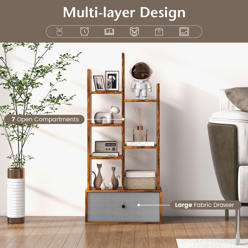 Öppen bokhylla med 7 hyllplan och låda i brun trädesign 53 x 24 x 118 cm