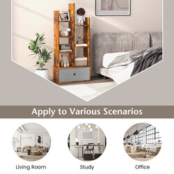 Öppen bokhylla med 7 hyllplan och låda i brun trädesign 53 x 24 x 118 cm