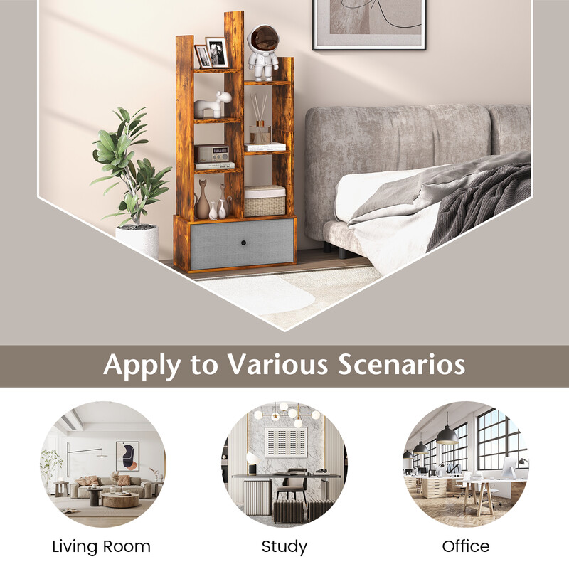 Öppen bokhylla med 7 hyllplan och låda i brun trädesign 53 x 24 x 118 cm