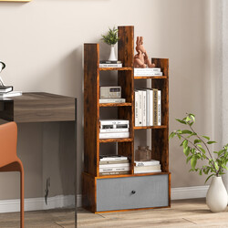 Öppen bokhylla med 7 hyllplan och låda i brun trädesign 53 x 24 x 118 cm