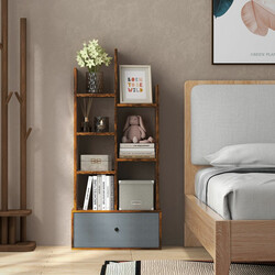 Öppen bokhylla med 7 hyllplan och låda i brun trädesign 53 x 24 x 118 cm