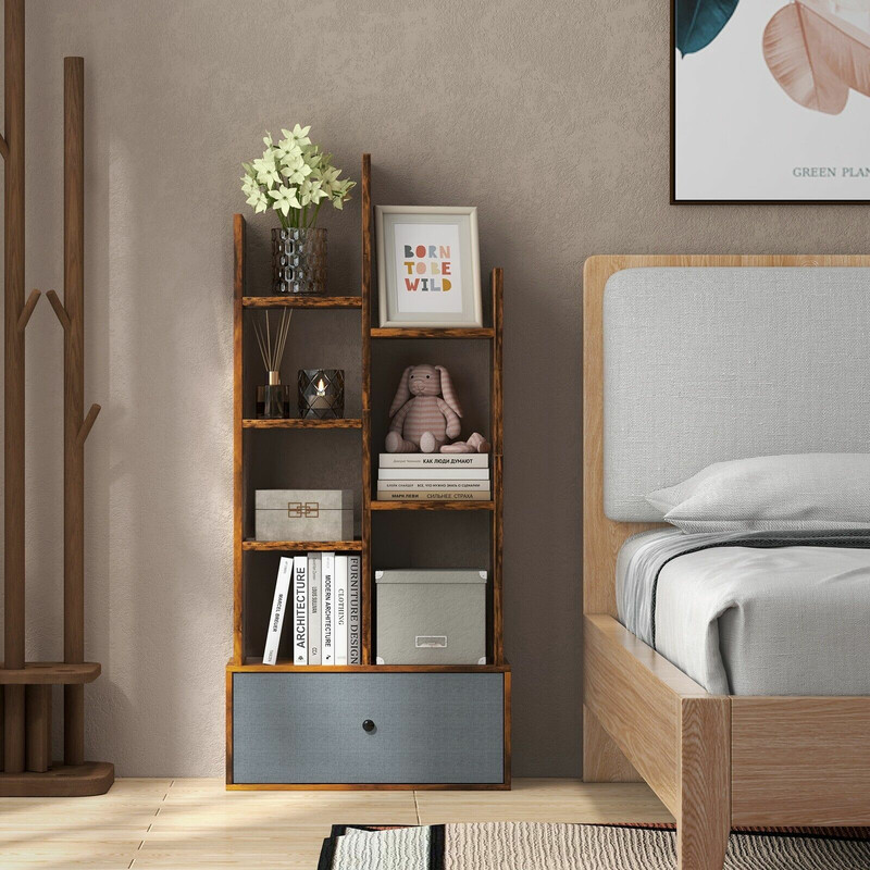 Öppen bokhylla med 7 hyllplan och låda i brun trädesign 53 x 24 x 118 cm