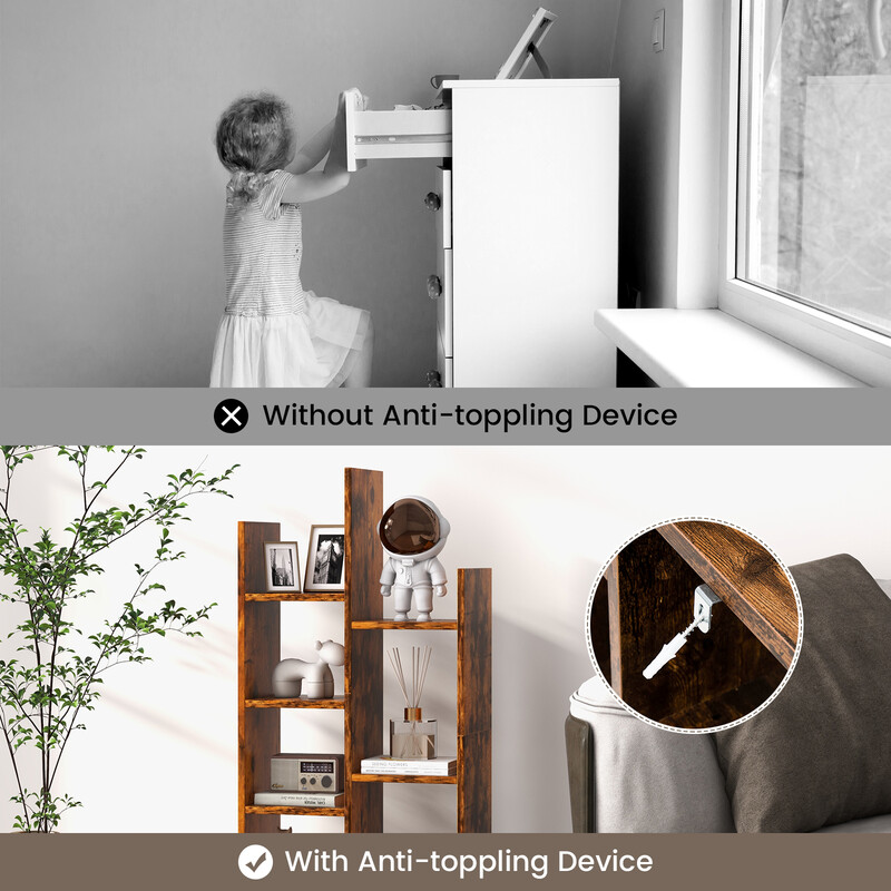 Öppen bokhylla med 7 hyllplan och låda i brun trädesign 53 x 24 x 118 cm