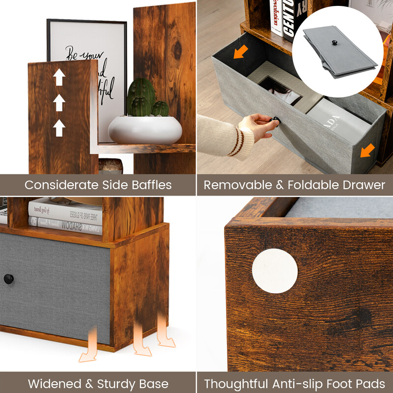 Öppen bokhylla med 7 hyllplan och låda i brun trädesign 53 x 24 x 118 cm