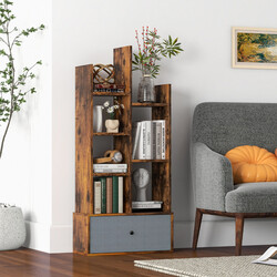 Öppen bokhylla med 7 hyllplan och låda i brun trädesign 53 x 24 x 118 cm