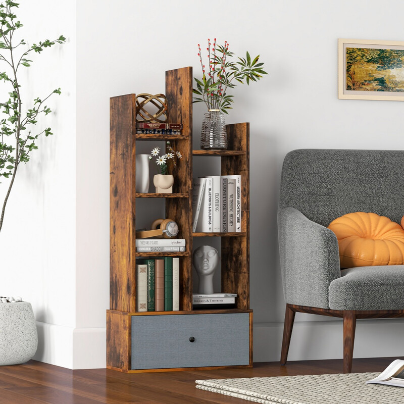 Öppen bokhylla med 7 hyllplan och låda i brun trädesign 53 x 24 x 118 cm