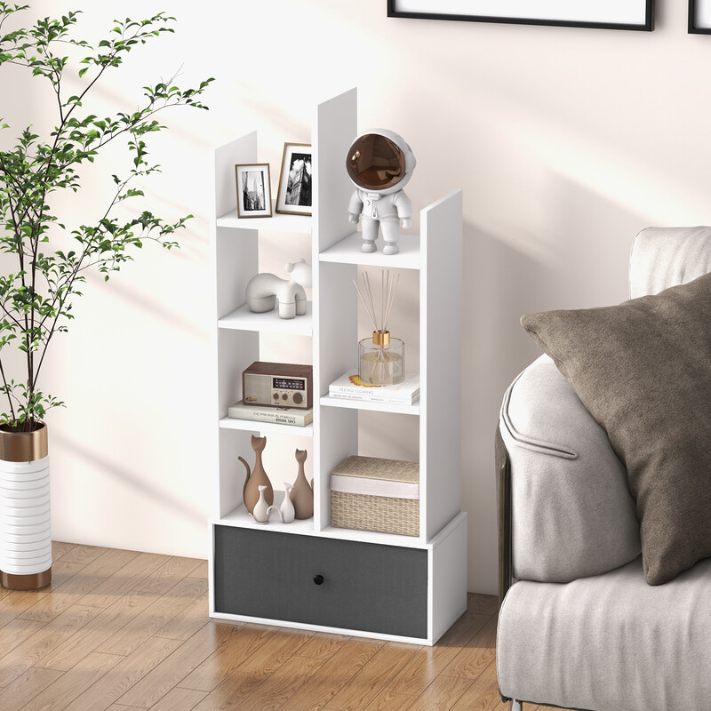 Vit bokhylla med sju hyllplan och låda, kompakt och stilren för små utrymmen