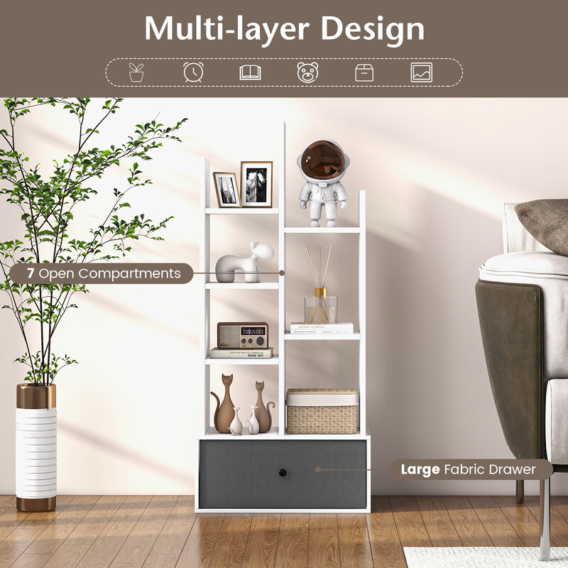 Vit bokhylla med sju hyllplan och låda, kompakt och stilren för små utrymmen