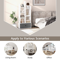 Vit bokhylla med sju hyllplan och låda, kompakt och stilren för små utrymmen