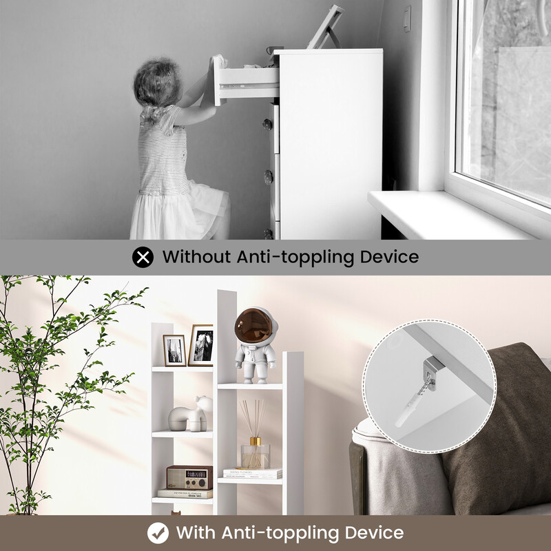 Vit bokhylla med sju hyllplan och låda, kompakt och stilren för små utrymmen