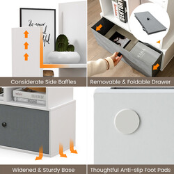Vit bokhylla med sju hyllplan och låda, kompakt och stilren för små utrymmen