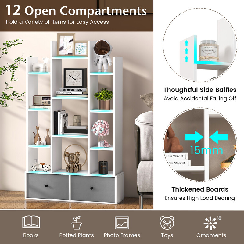 Vit 12-nivåers bokhylla med öppen rygg och låda, 81 x 24 x 132 cm