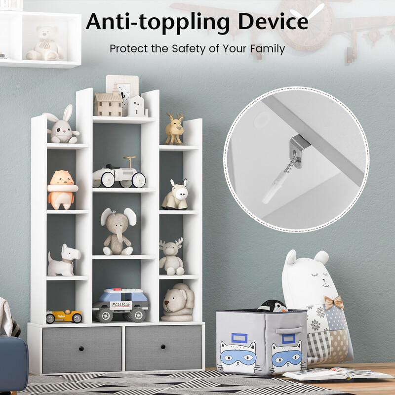 Vit 12-nivåers bokhylla med öppen rygg och låda, 81 x 24 x 132 cm