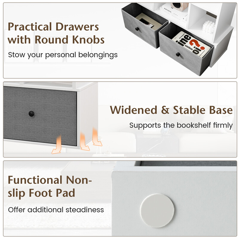 Vit 12-nivåers bokhylla med öppen rygg och låda, 81 x 24 x 132 cm