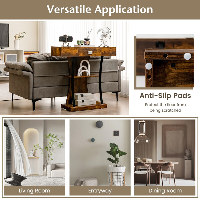 T-formad konsolbord för små utrymmen i rustik brunt, 91 x 30 x 88 cm