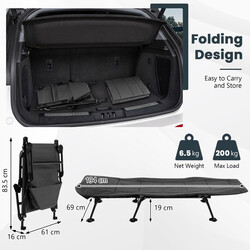 Hopfällbar campingsäng med avtagbar madrass och justerbart ryggstöd, grå, 194 x 64 x 29 cm