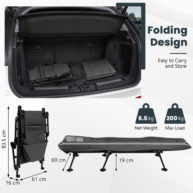 Hopfällbar campingsäng med avtagbar madrass och justerbart ryggstöd, grå, 194 x 64 x 29 cm