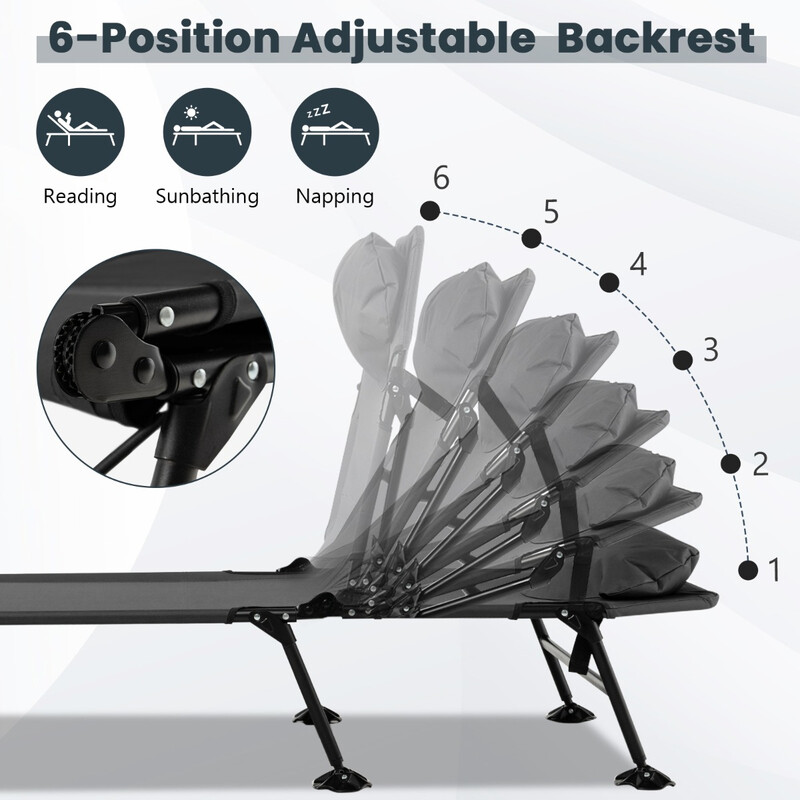 Hopfällbar campingsäng med avtagbar madrass och justerbart ryggstöd, grå, 194 x 64 x 29 cm