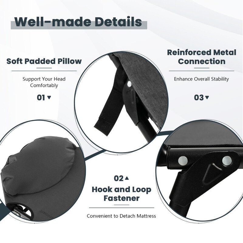 Hopfällbar campingsäng med avtagbar madrass och justerbart ryggstöd, grå, 194 x 64 x 29 cm