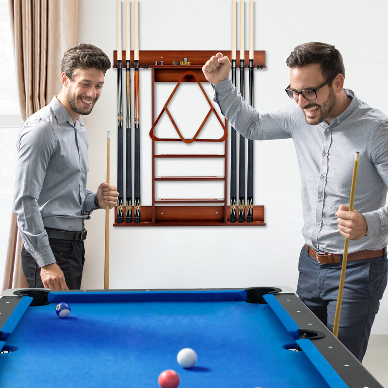 Väggmonterad biljardhållare i furu för 8 köer och 15 bollar brun