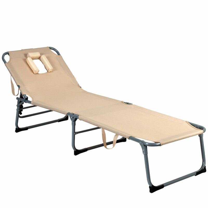 Justerbar hopfällbar solstol med kudde för strand och terrass 194 x 61 x 35,5 cm beige
