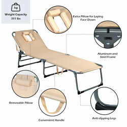 Justerbar hopfällbar solstol med kudde för strand och terrass 194 x 61 x 35,5 cm beige