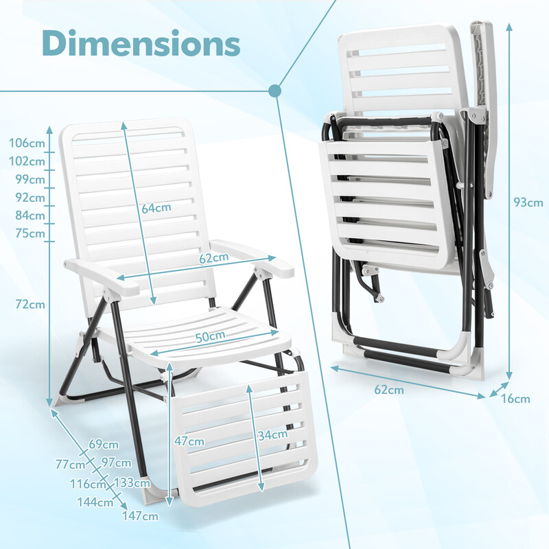 Fällbar terrassstol med fotstöd i väderbeständigt material för utomhusbruk