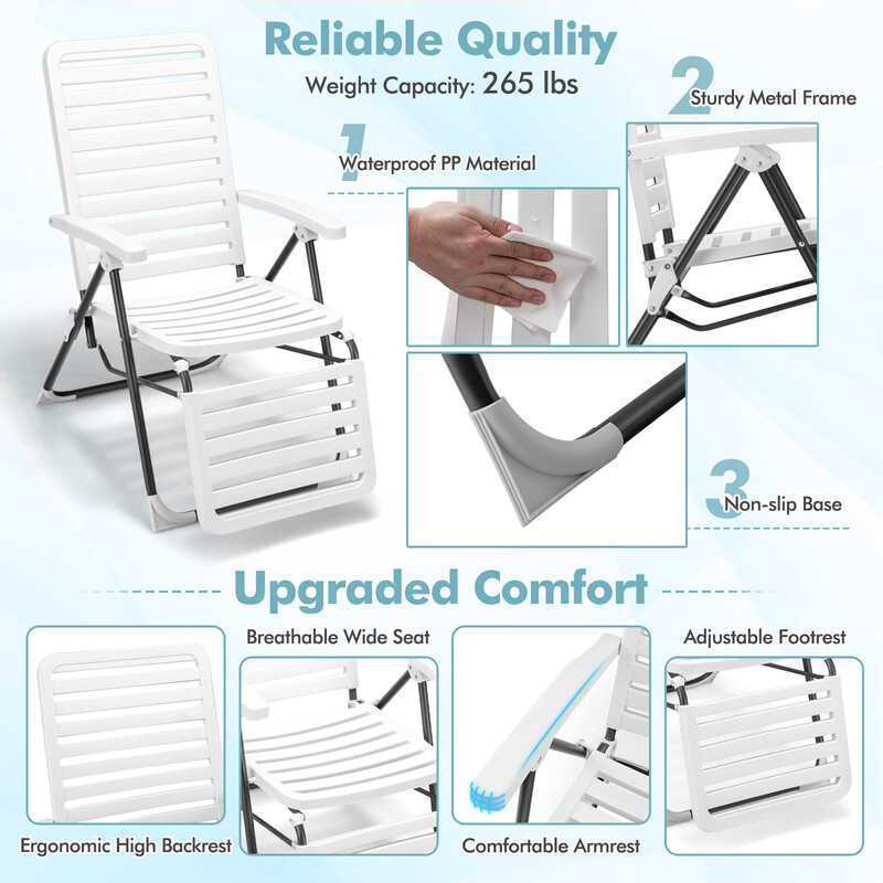 Fällbar terrassstol med fotstöd i väderbeständigt material för utomhusbruk