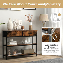 Konsolbord 100 cm med 2 tygkorgar och 3 hyllor i rustik brun design