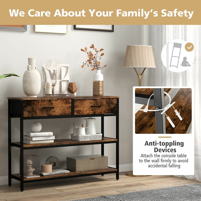 Konsolbord 100 cm med 2 tygkorgar och 3 hyllor i rustik brun design