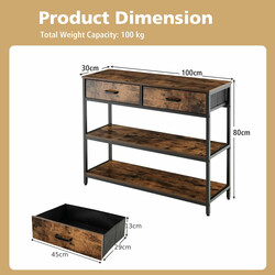 Konsolbord 100 cm med 2 tygkorgar och 3 hyllor i rustik brun design