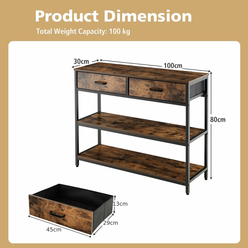 Konsolbord 100 cm med 2 tygkorgar och 3 hyllor i rustik brun design