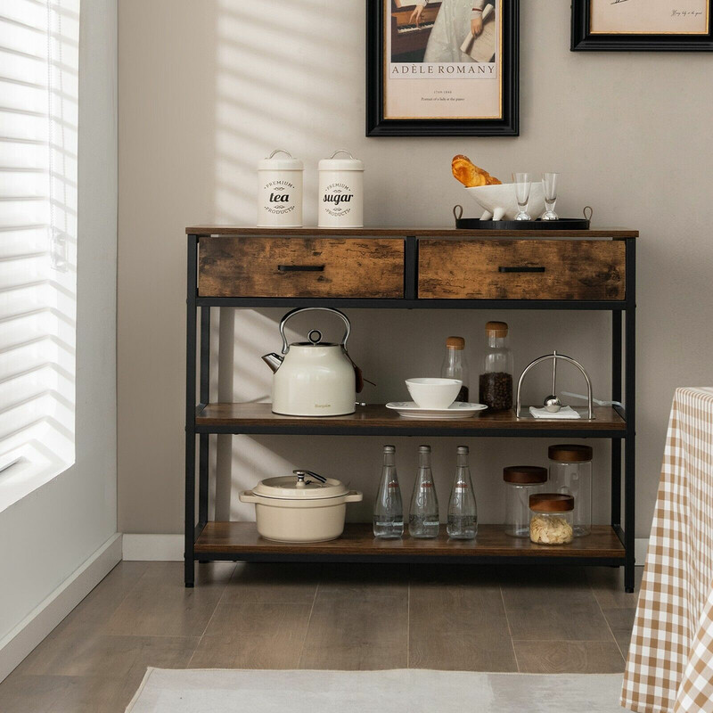 Konsolbord 100 cm med 2 tygkorgar och 3 hyllor i rustik brun design