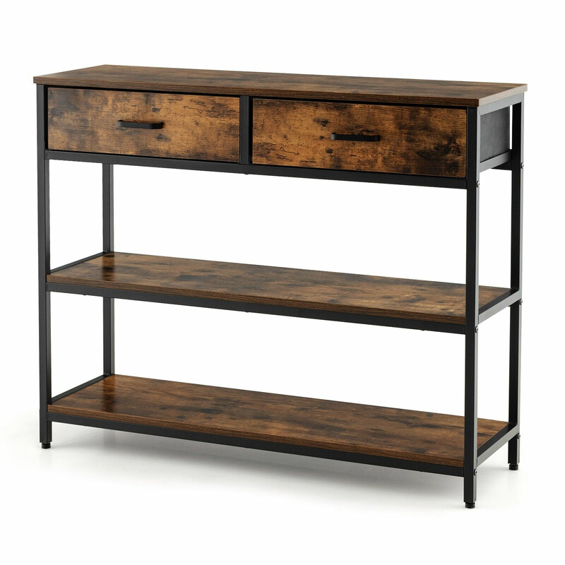 Konsolbord 100 cm med 2 tygkorgar och 3 hyllor i rustik brun design