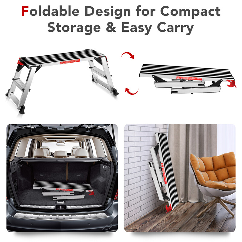 Vikbar arbetsplattform i aluminium med halkskyddsmattor, 126 x 52,5 x 49,5 cm, silver